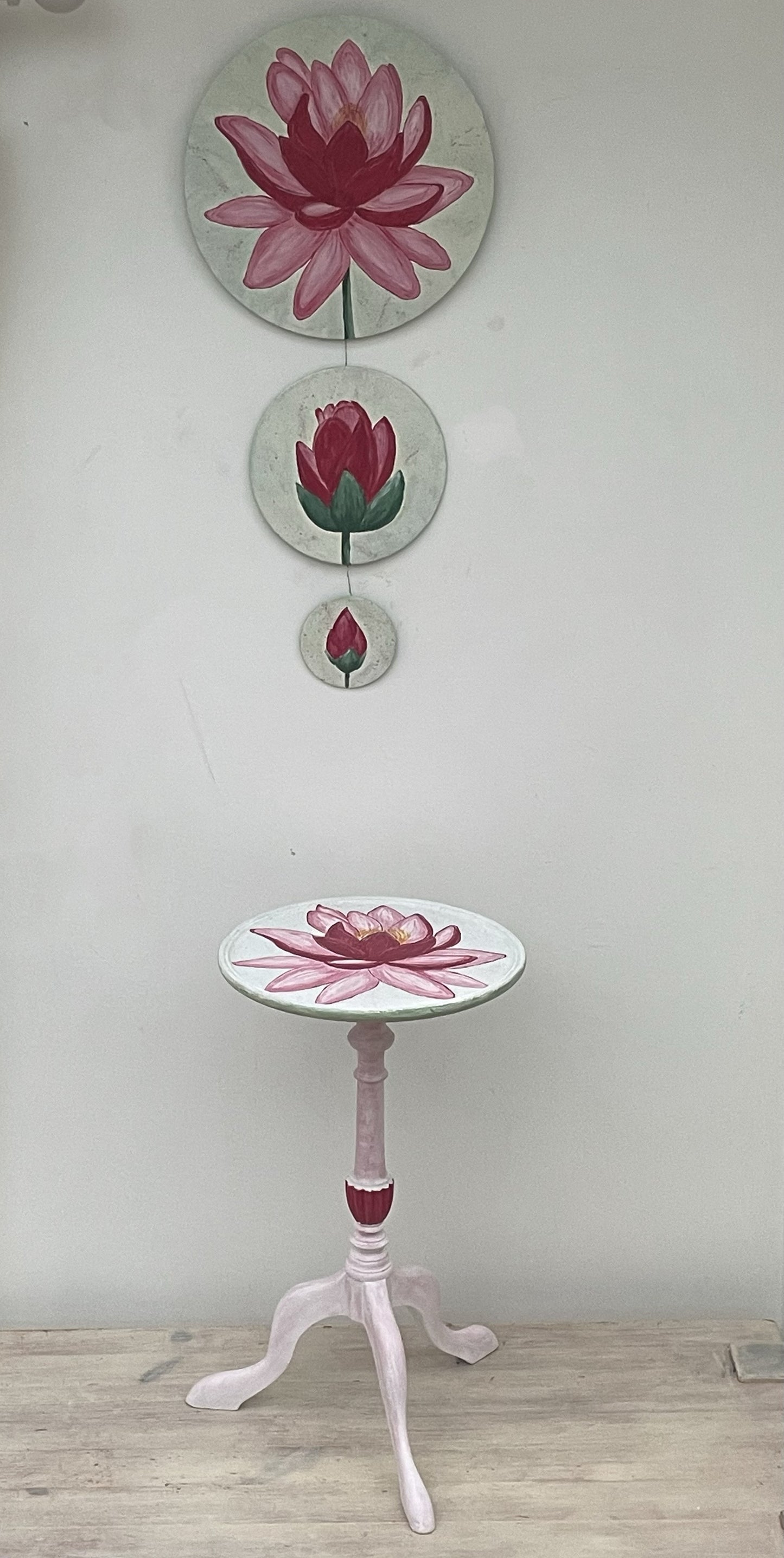 Hand-painted Lotus side table plus triptych | Boho Zen Decor | Yoga