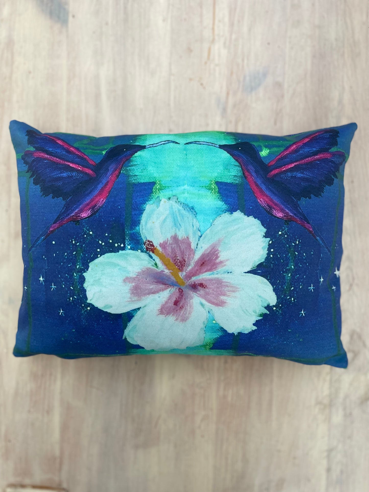 Scatter Cushion: Reversible Hummingbird-Hibiscus cushion