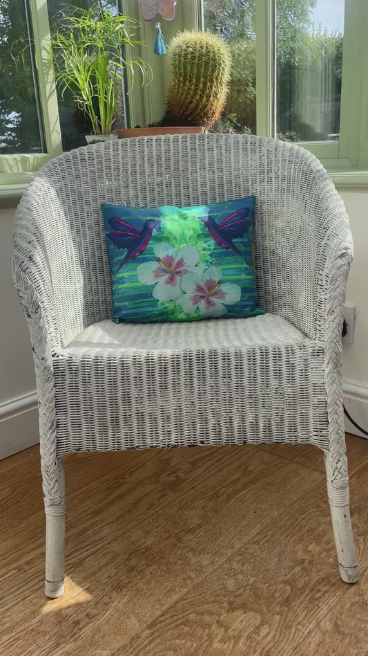 Scatter Cushion: Reversible Hummingbird-Hibiscus cushion
